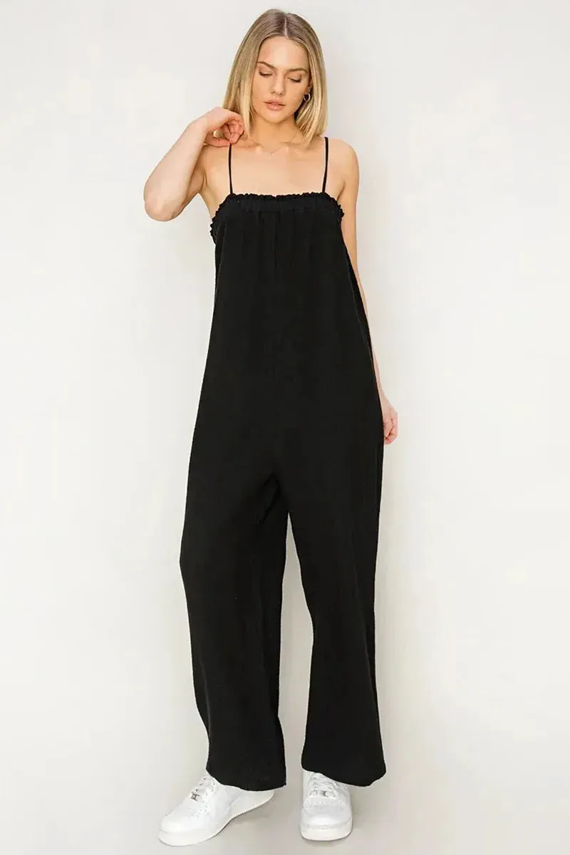 Gauze Relaxed Textured Cotton Ruffle Neckline Wide-Leg Jumpsuit