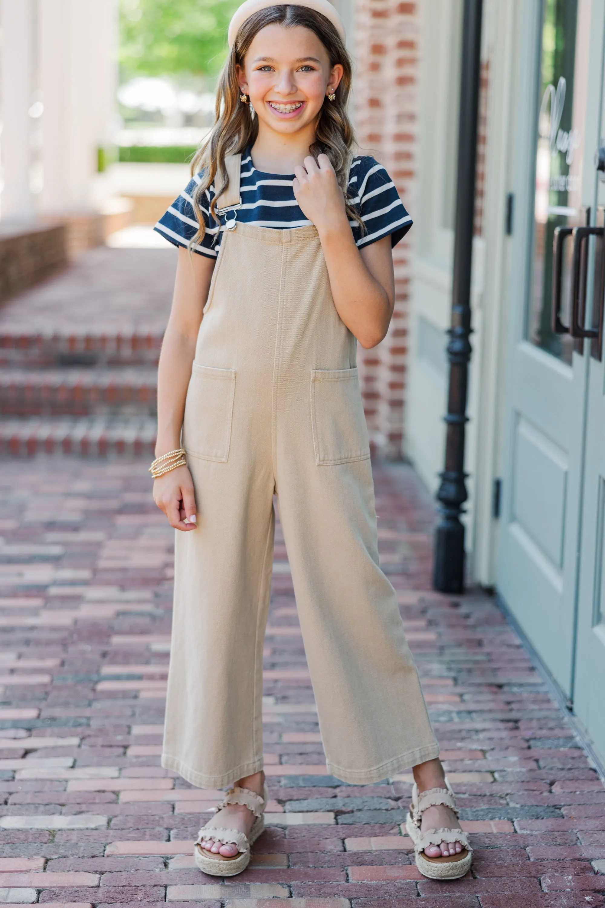 Girls: Have A Little Fun Tan Brown Overalls
