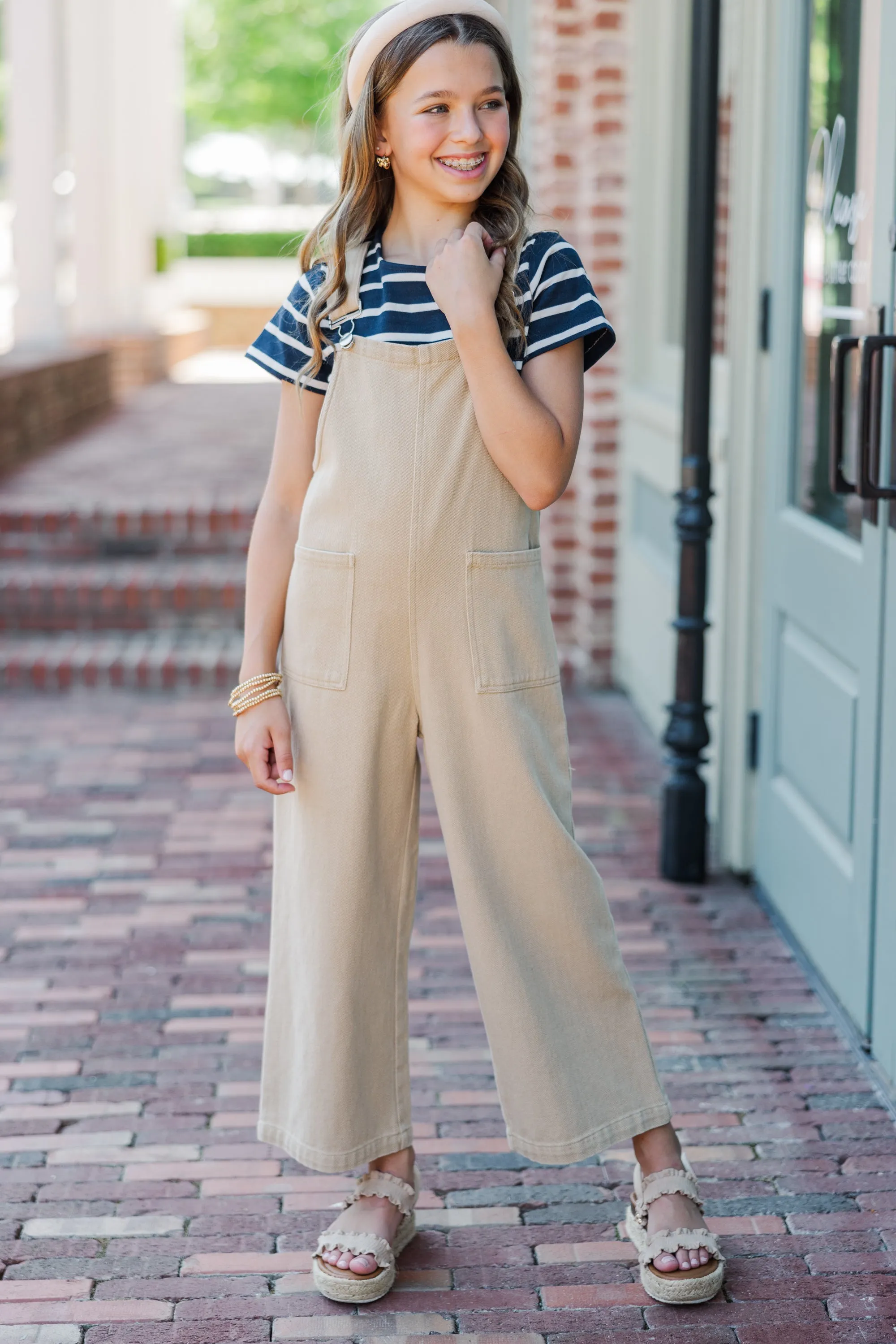 Girls: Have A Little Fun Tan Brown Overalls