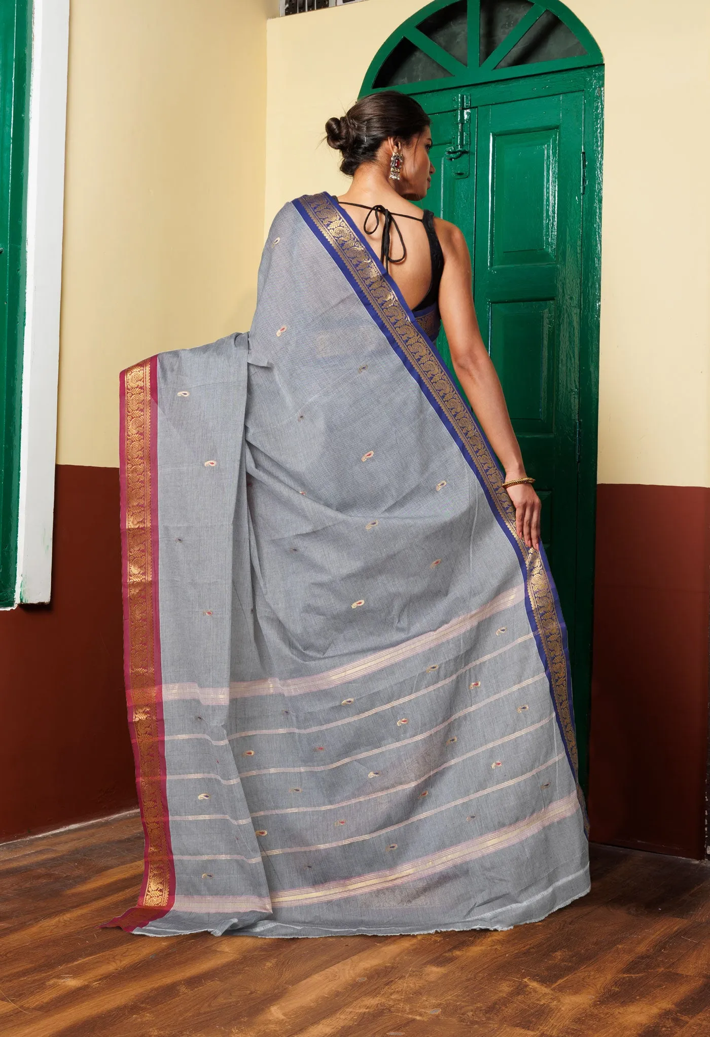 Grey Pure Pavani Handcrafted Kanchi Cotton Saree-UNM76842
