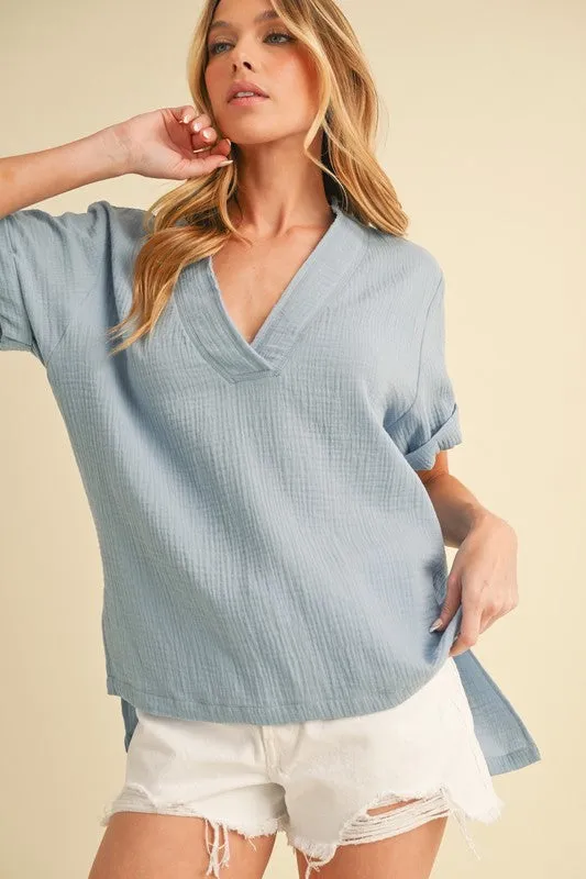 Hazel Blues® |  Aemi   Co Side Slit V-Neck Short Sleeve Blouse