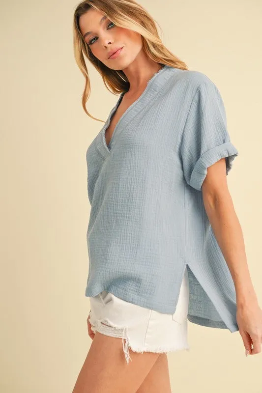 Hazel Blues® |  Aemi   Co Side Slit V-Neck Short Sleeve Blouse