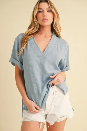 Hazel Blues® |  Aemi   Co Side Slit V-Neck Short Sleeve Blouse