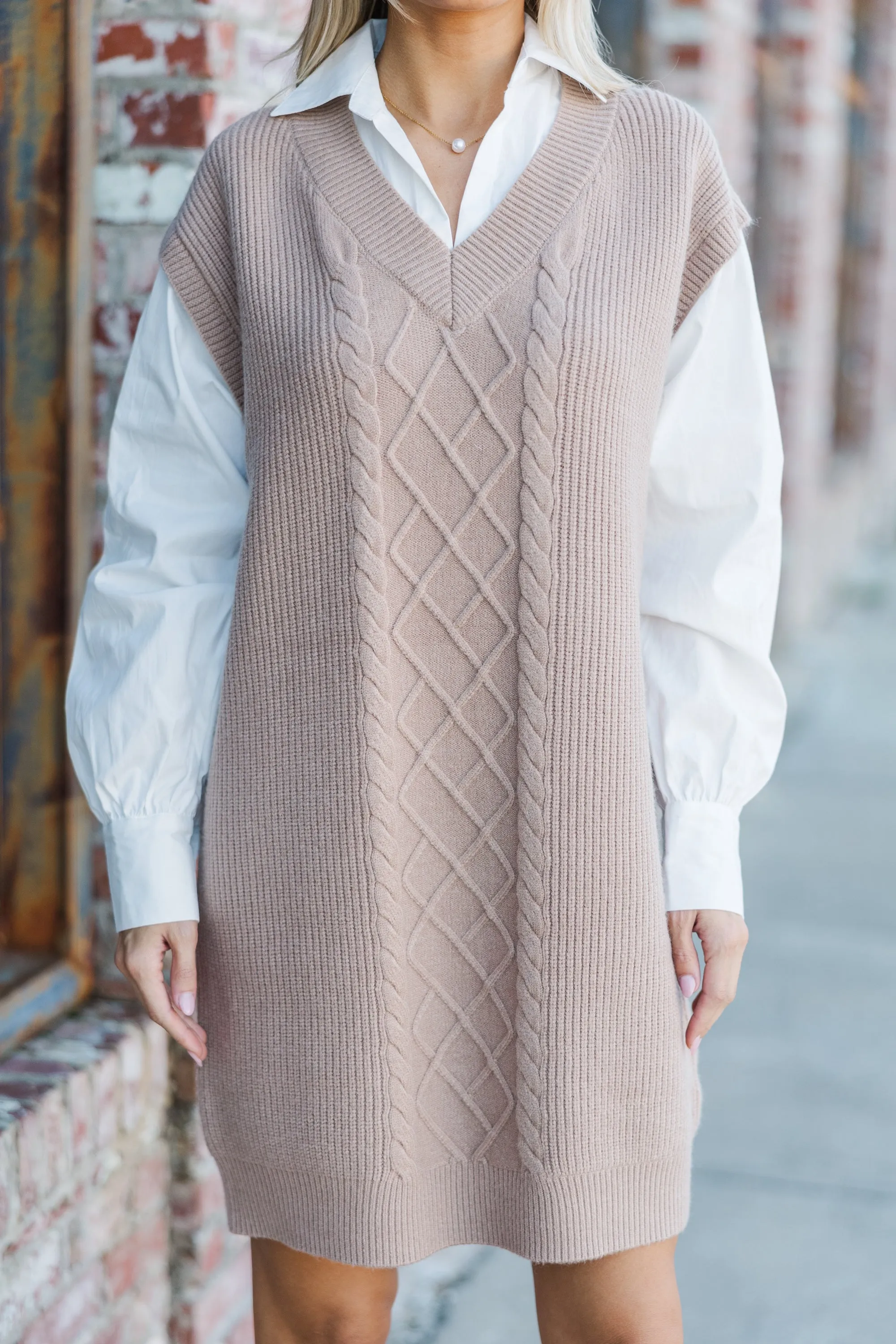 Here For You Latte Cable Knit Sweater Dress