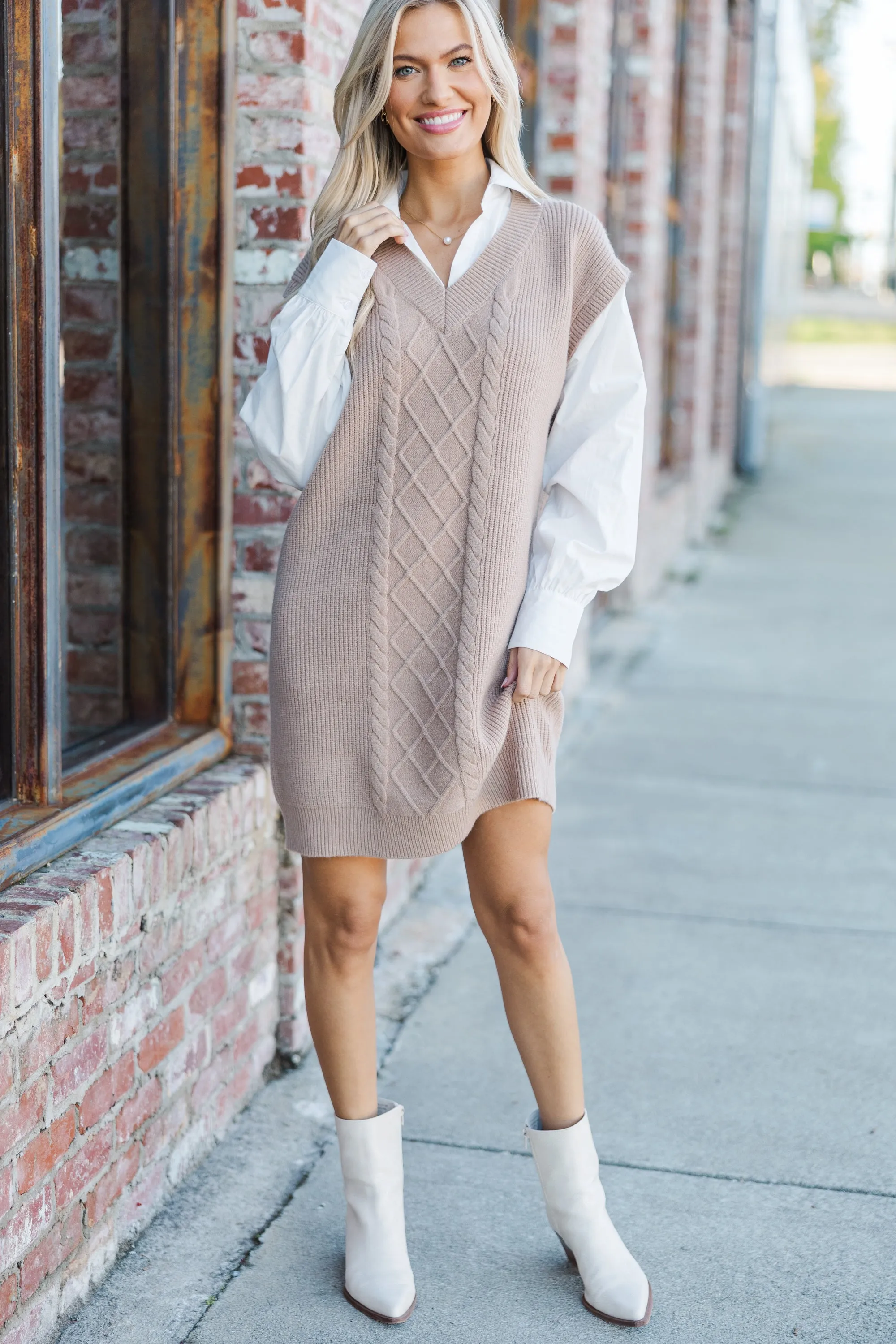 Here For You Latte Cable Knit Sweater Dress