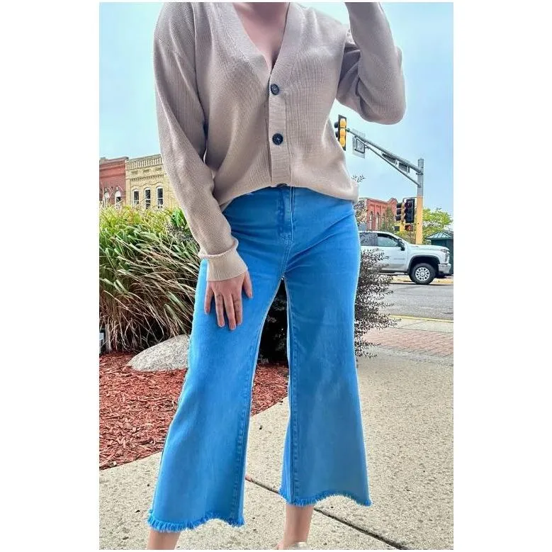 High Waist Straight Acid Wash Frayed Bootcut Jeans, Ocean Blue