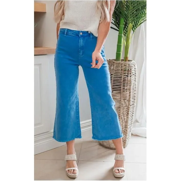 High Waist Straight Acid Wash Frayed Bootcut Jeans, Ocean Blue