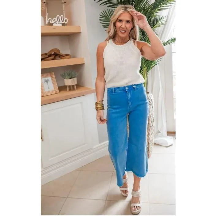 High Waist Straight Acid Wash Frayed Bootcut Jeans, Ocean Blue