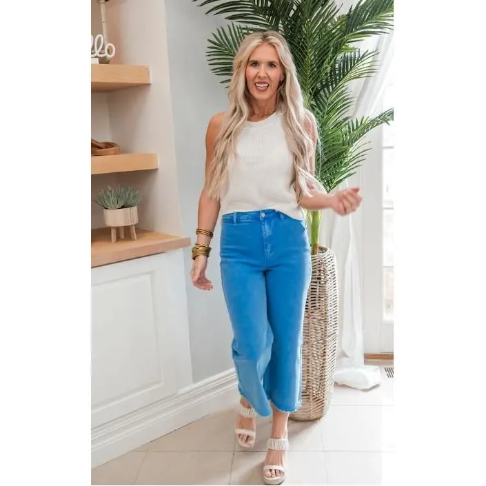 High Waist Straight Acid Wash Frayed Bootcut Jeans, Ocean Blue