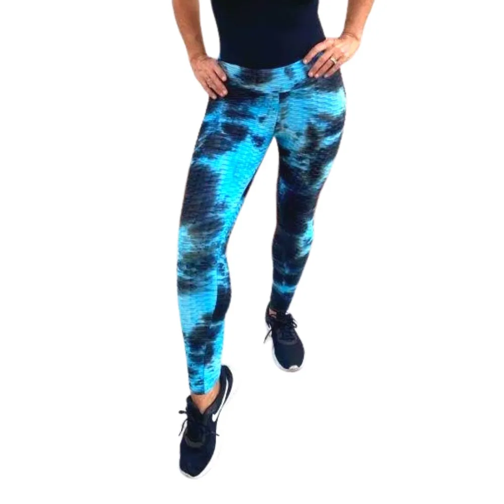 High Waist Tie Dye Butt Lifting Textured Workout Leggings (Blue/Black)