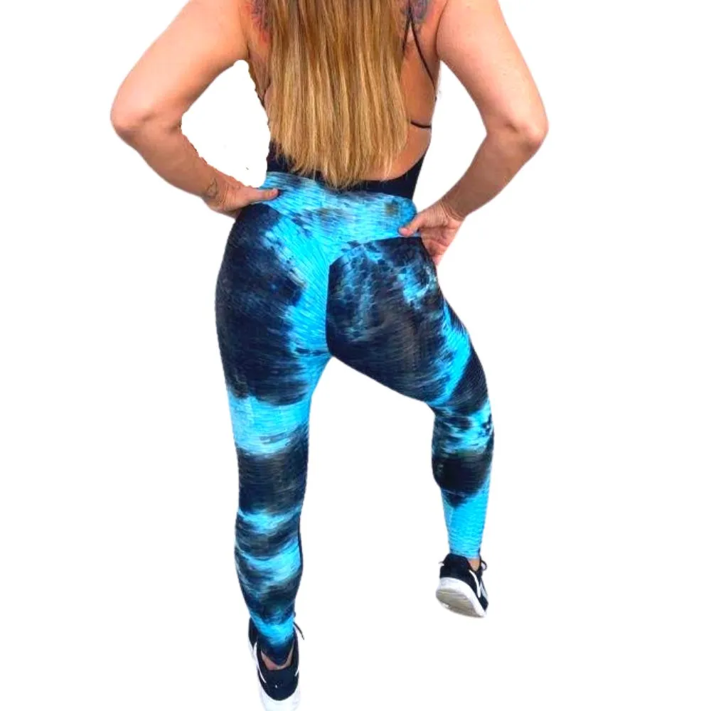 High Waist Tie Dye Butt Lifting Textured Workout Leggings (Blue/Black)