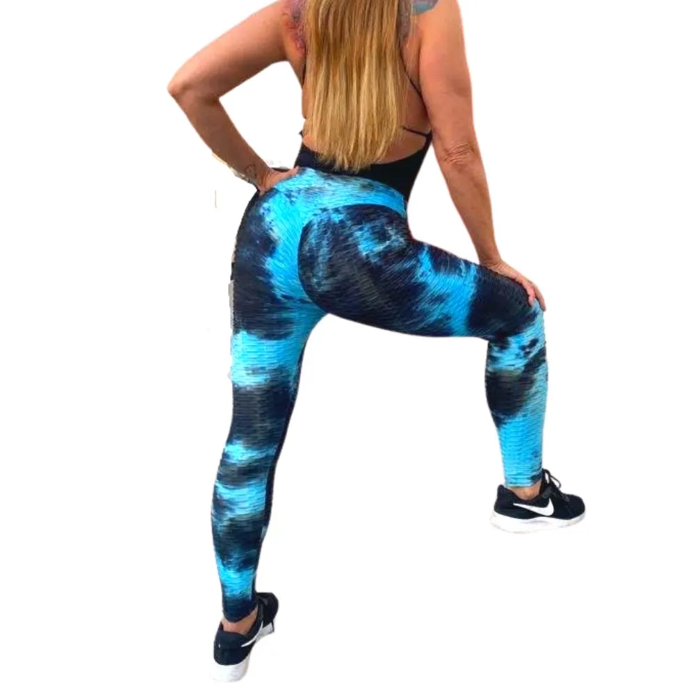 High Waist Tie Dye Butt Lifting Textured Workout Leggings (Blue/Black)