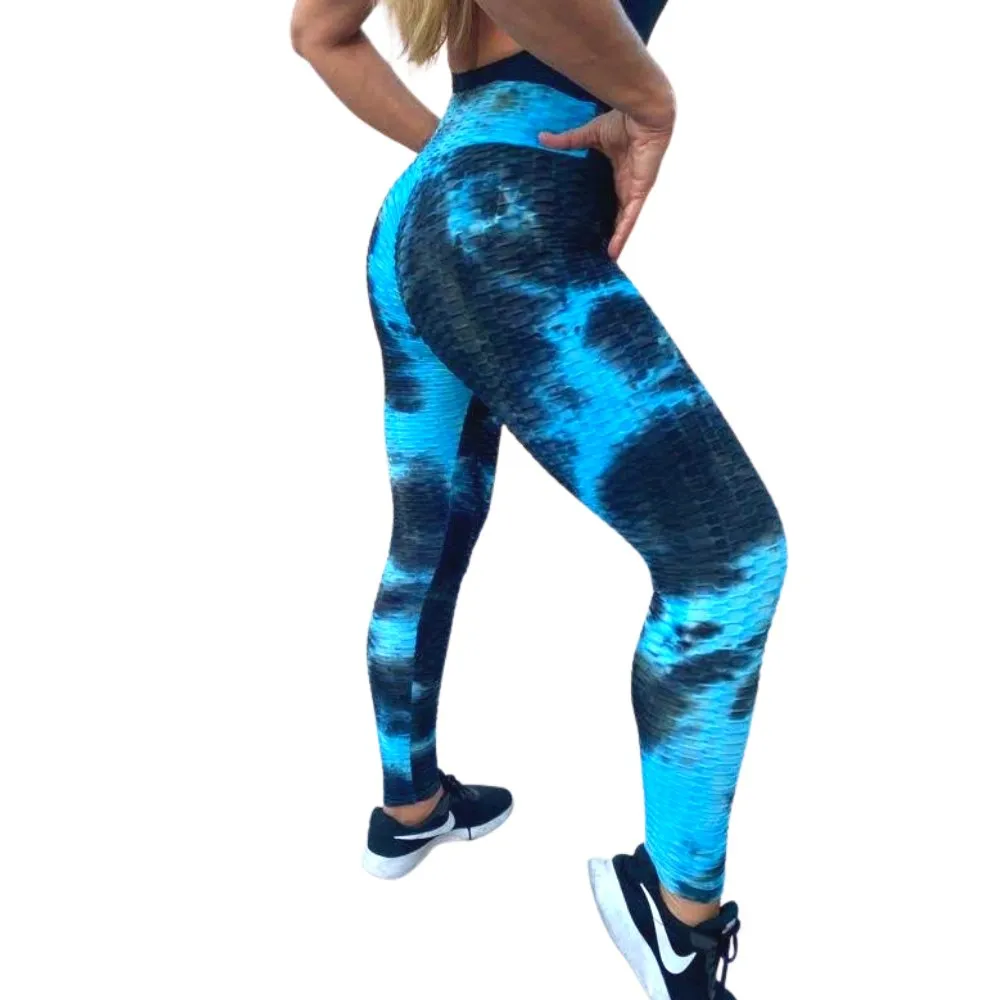 High Waist Tie Dye Butt Lifting Textured Workout Leggings (Blue/Black)