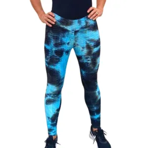 High Waist Tie Dye Butt Lifting Textured Workout Leggings (Blue/Black)