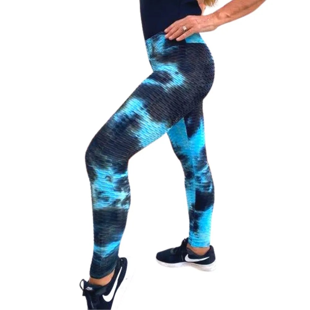 High Waist Tie Dye Butt Lifting Textured Workout Leggings (Blue/Black)