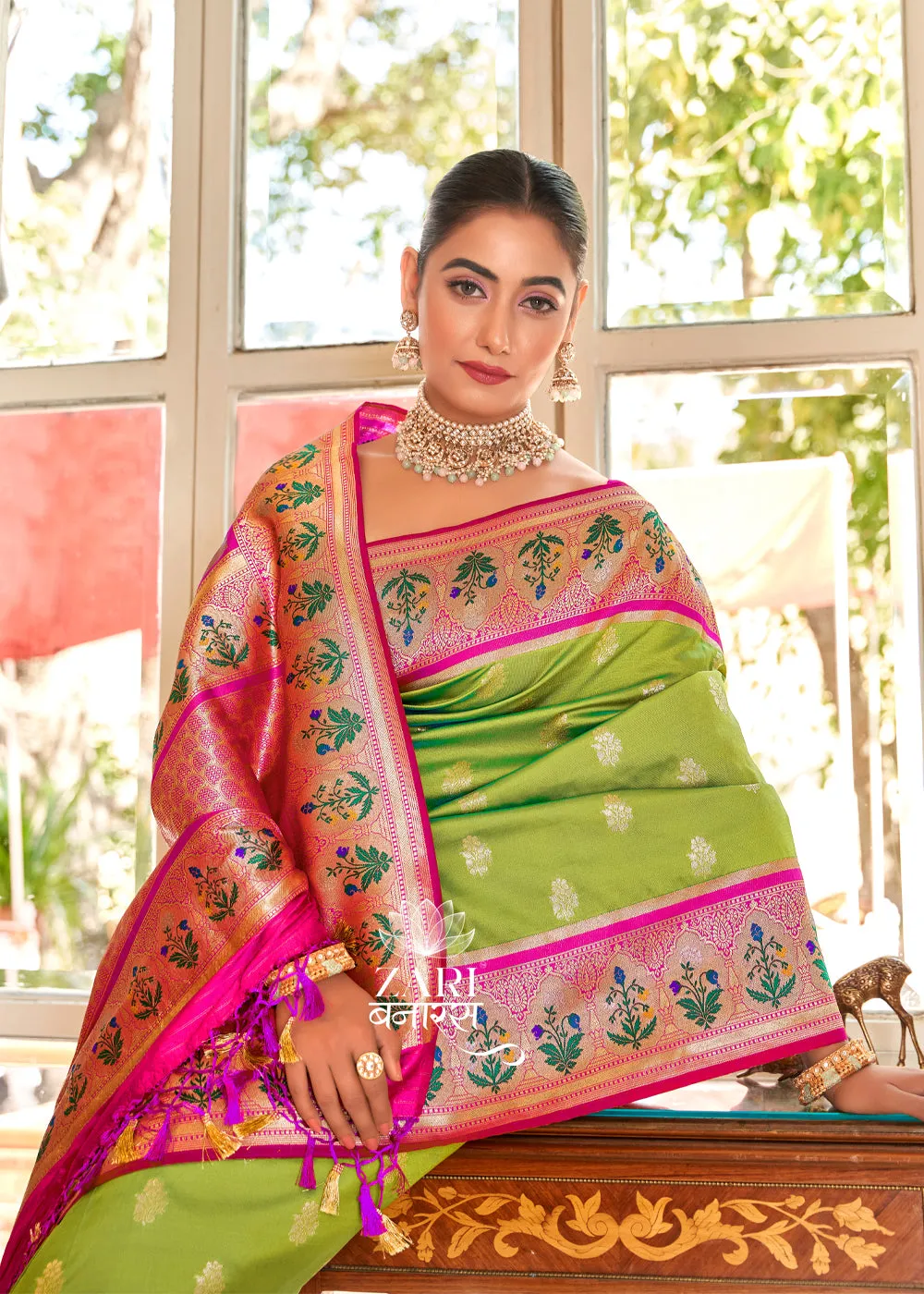 Jhanvi : Banarasi woven saree in the shade of Green