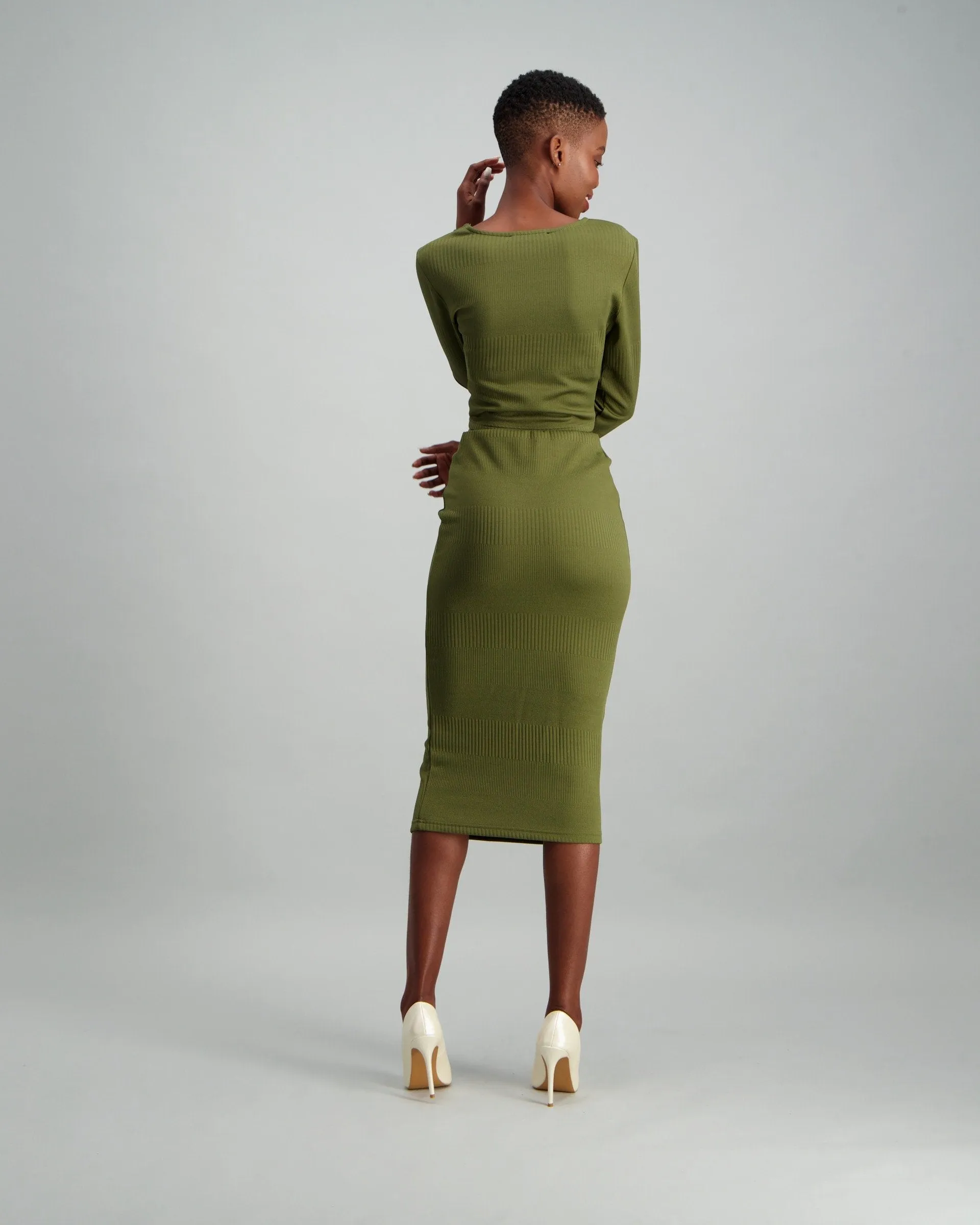 Ladies Long Sleeve Ribbed Crop Top - Fatigue