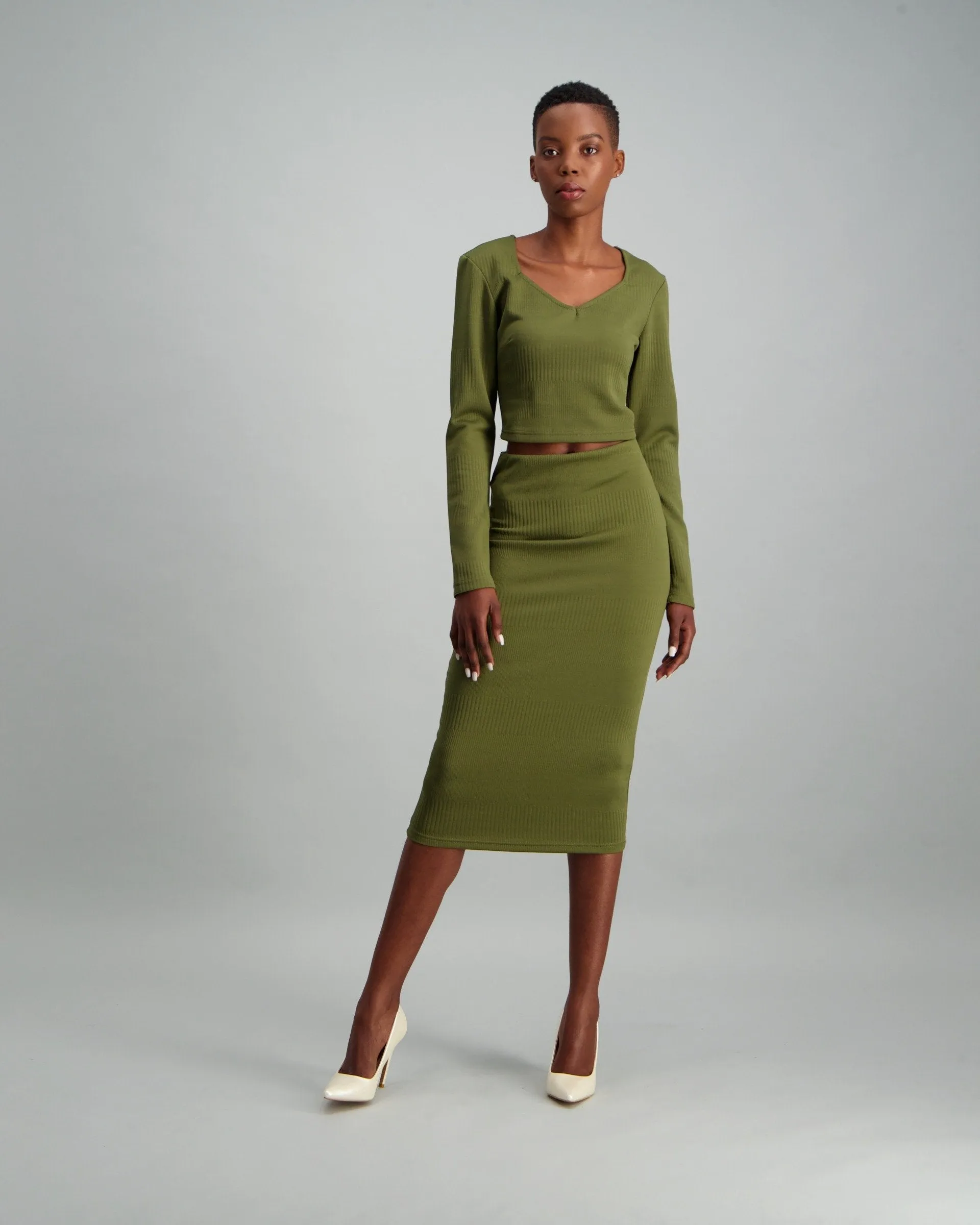 Ladies Long Sleeve Ribbed Crop Top - Fatigue