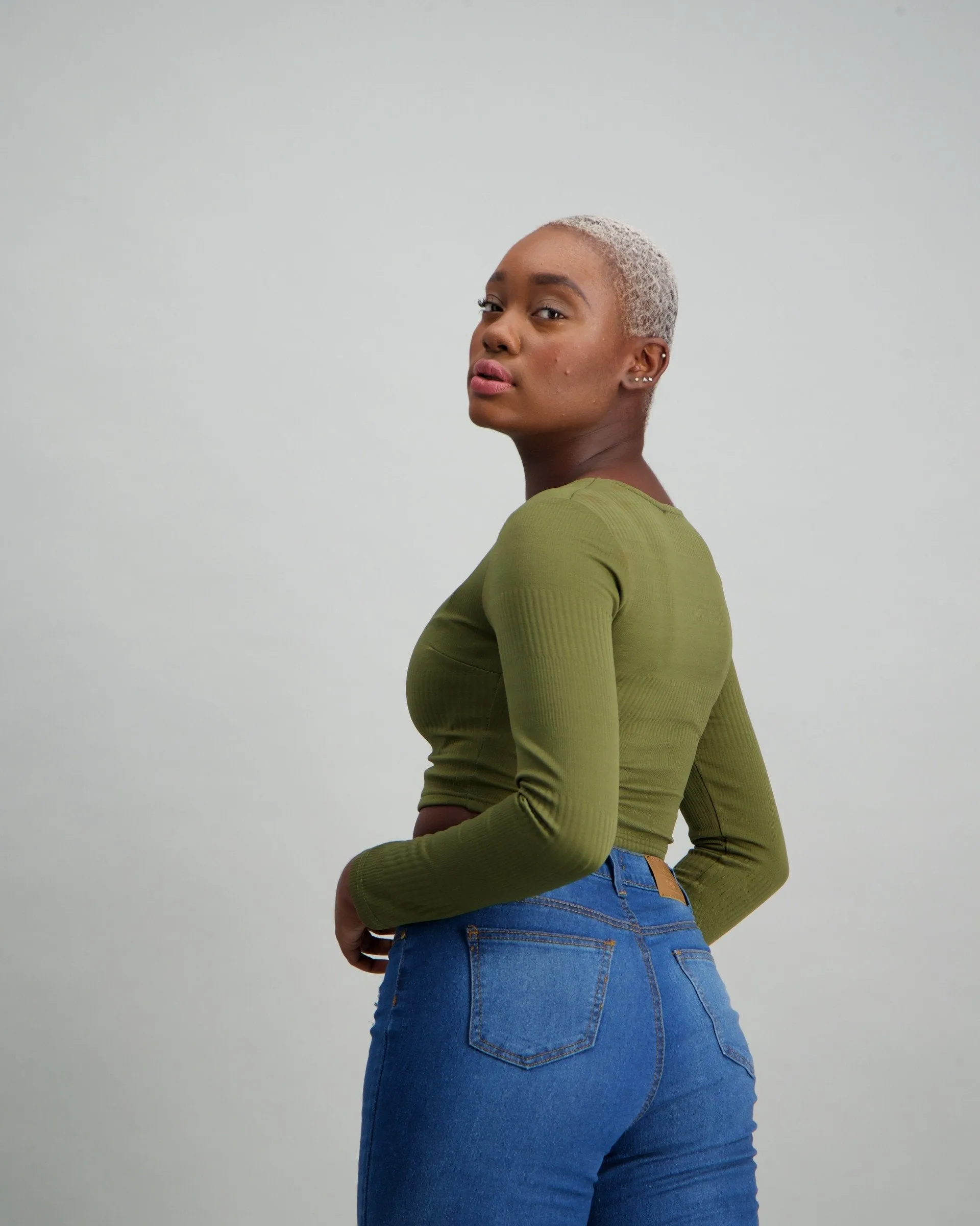 Ladies Long Sleeve Ribbed Crop Top - Fatigue