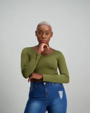 Ladies Long Sleeve Ribbed Crop Top - Fatigue