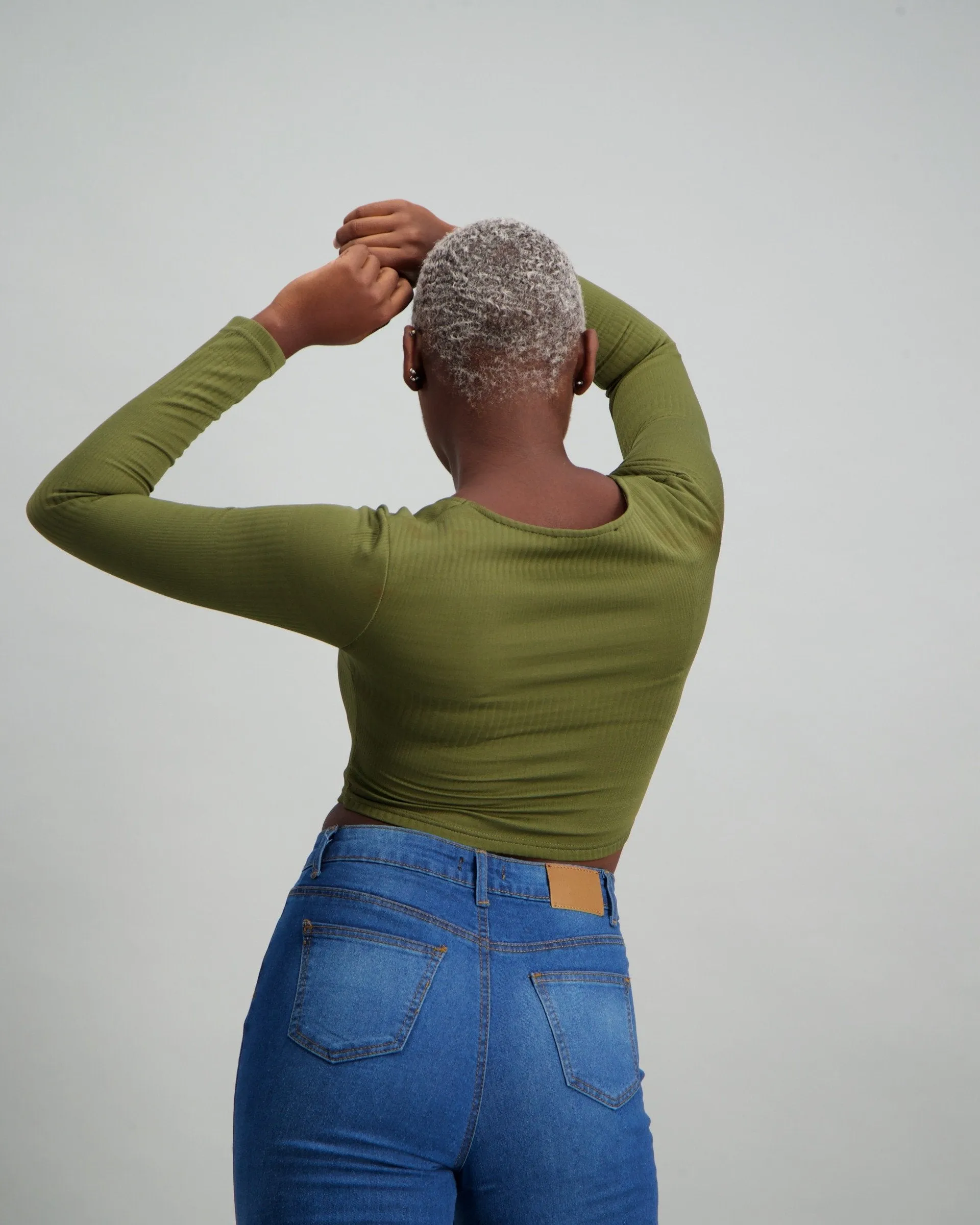 Ladies Long Sleeve Ribbed Crop Top - Fatigue