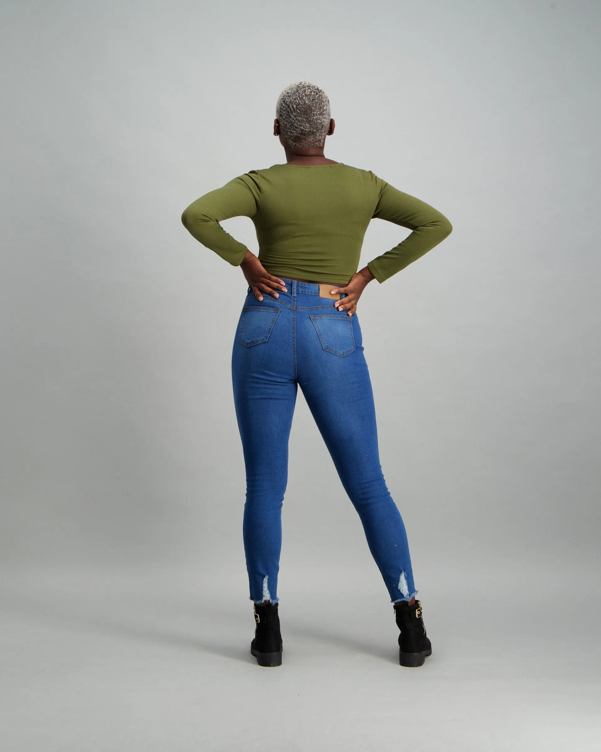 Ladies Long Sleeve Ribbed Crop Top - Fatigue