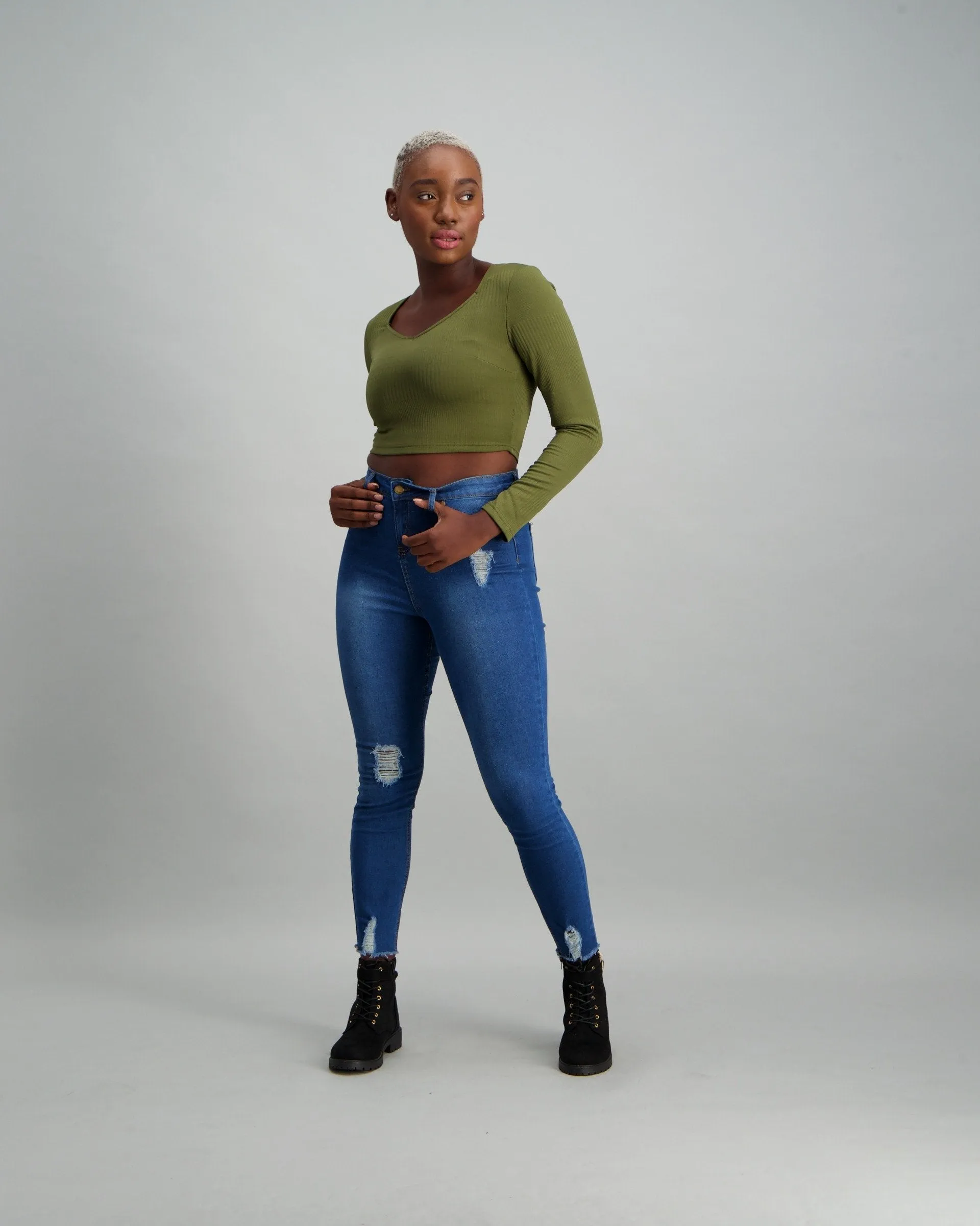 Ladies Long Sleeve Ribbed Crop Top - Fatigue