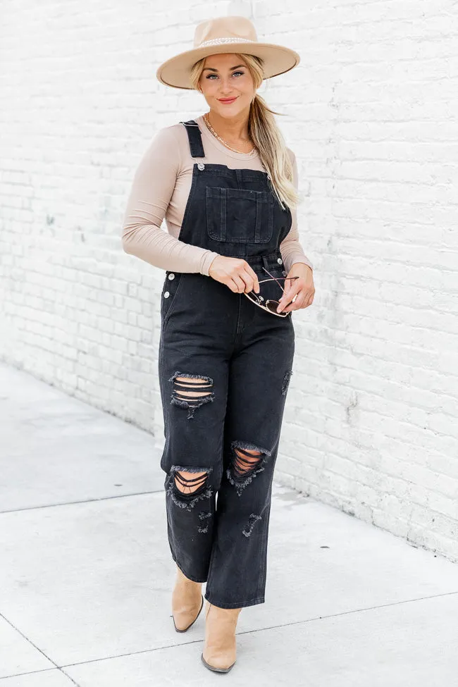 Light Up Your Life Black Distressed Straight Leg Overalls  FINAL SALE