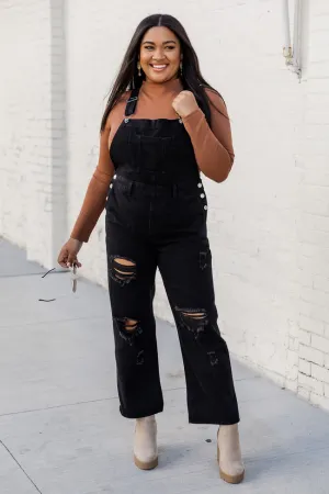 Light Up Your Life Black Distressed Straight Leg Overalls  FINAL SALE