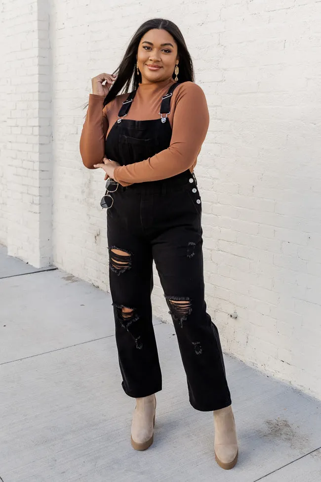 Light Up Your Life Black Distressed Straight Leg Overalls  FINAL SALE