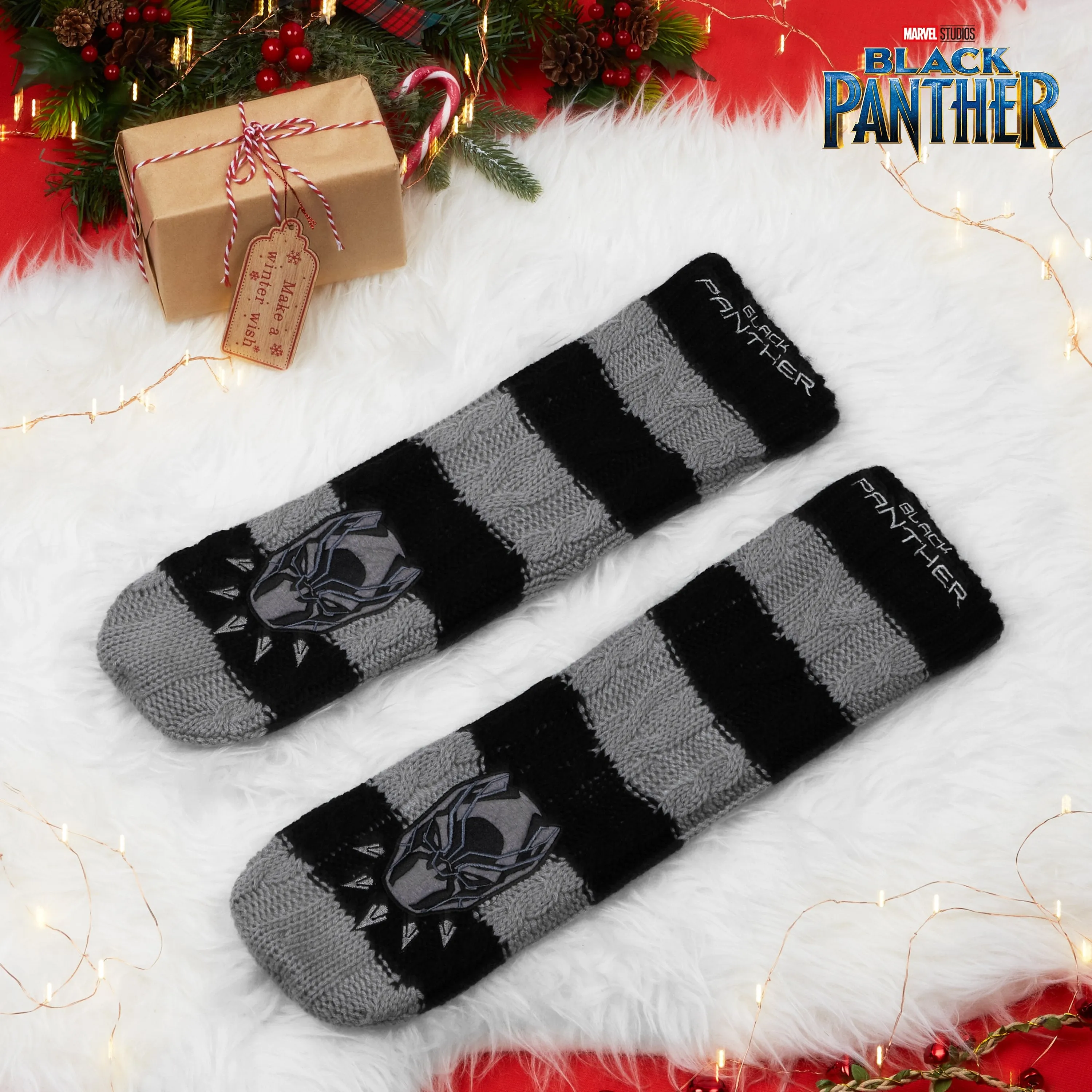 Marvel Fluffy Socks, Mens Slipper Socks, Black Panther Knitted Socks