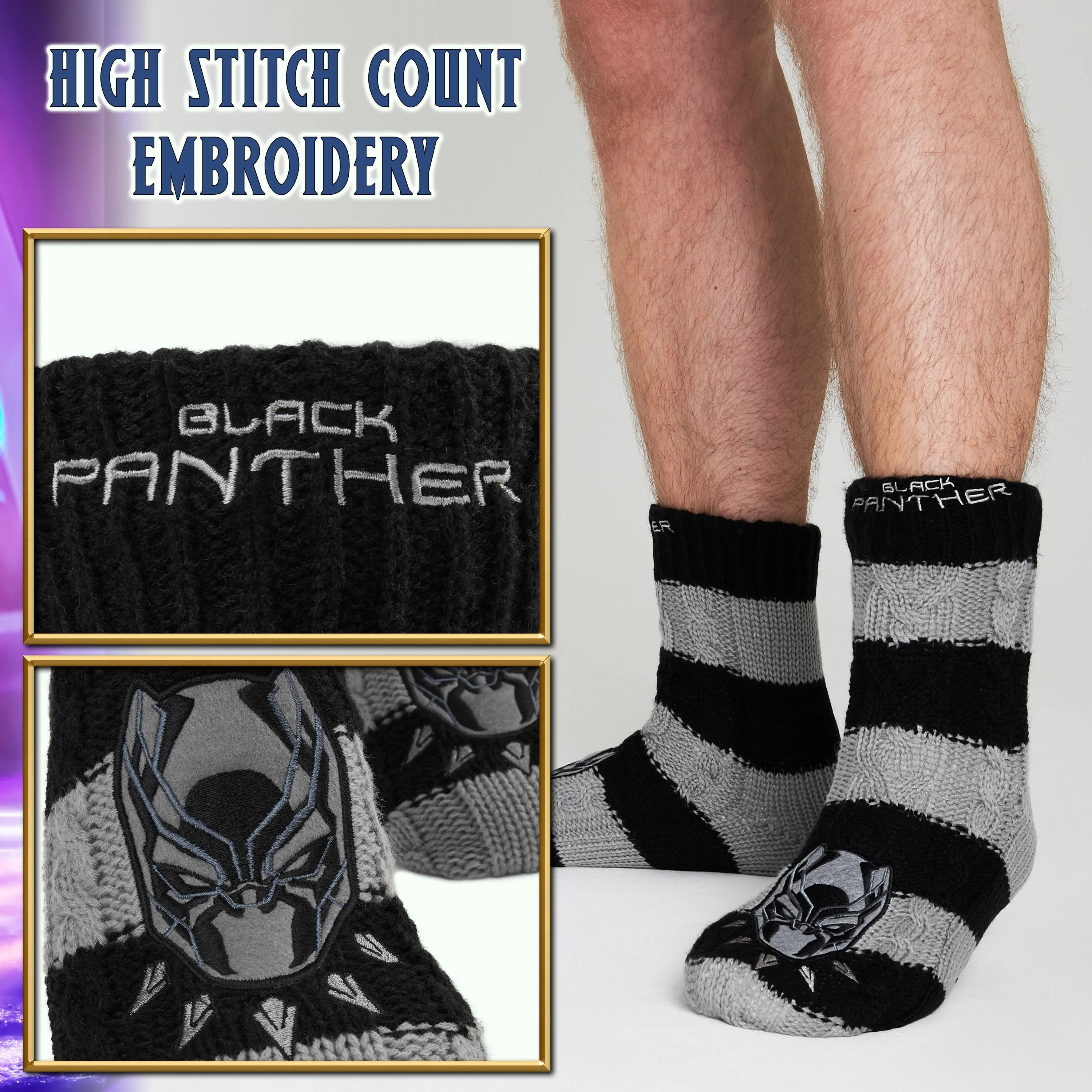 Marvel Fluffy Socks, Mens Slipper Socks, Black Panther Knitted Socks