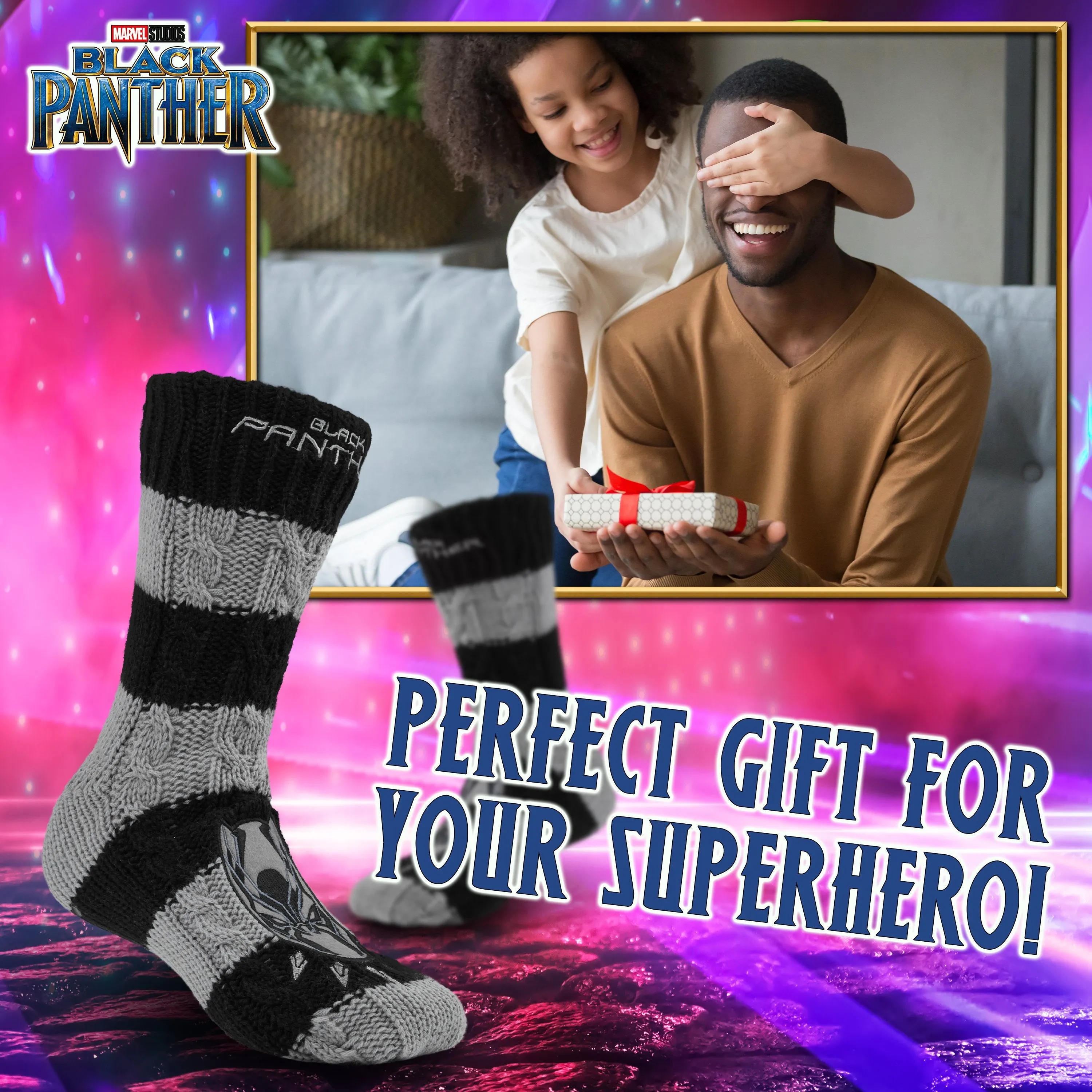 Marvel Fluffy Socks, Mens Slipper Socks, Black Panther Knitted Socks