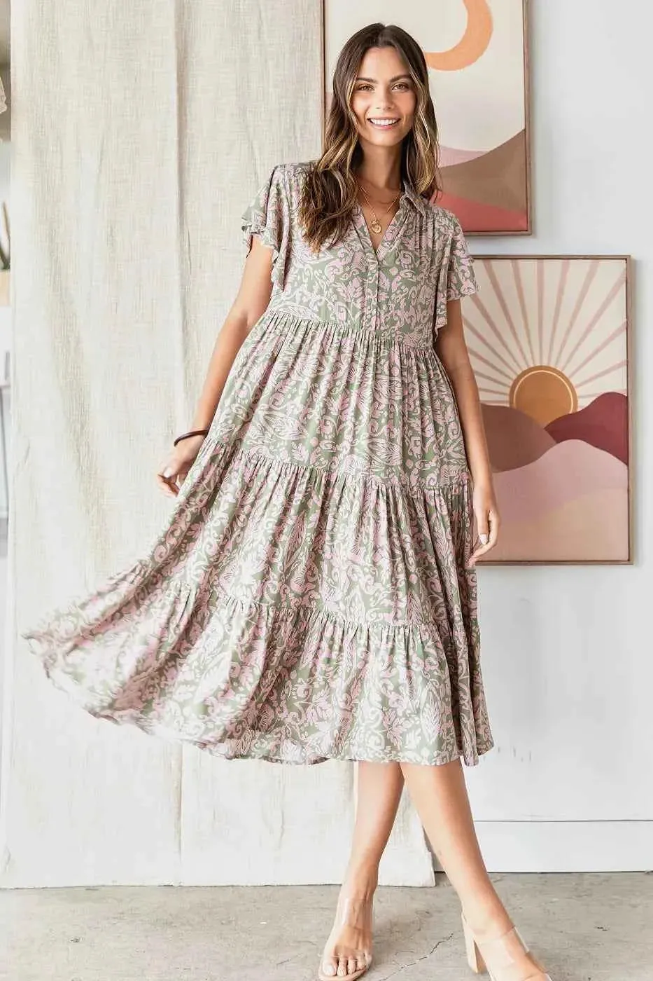 Mittoshop Abstract Print Midi Dress with Ruffle Tier Design