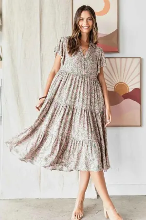 Mittoshop Abstract Print Midi Dress with Ruffle Tier Design