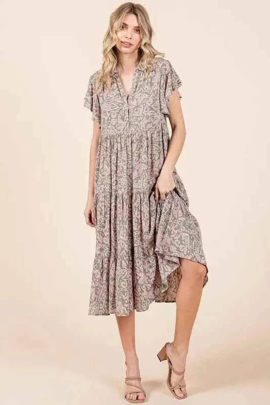 Mittoshop Abstract Print Midi Dress with Ruffle Tier Design