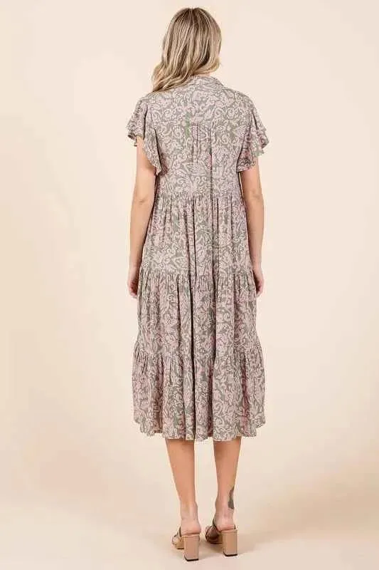 Mittoshop Abstract Print Midi Dress with Ruffle Tier Design