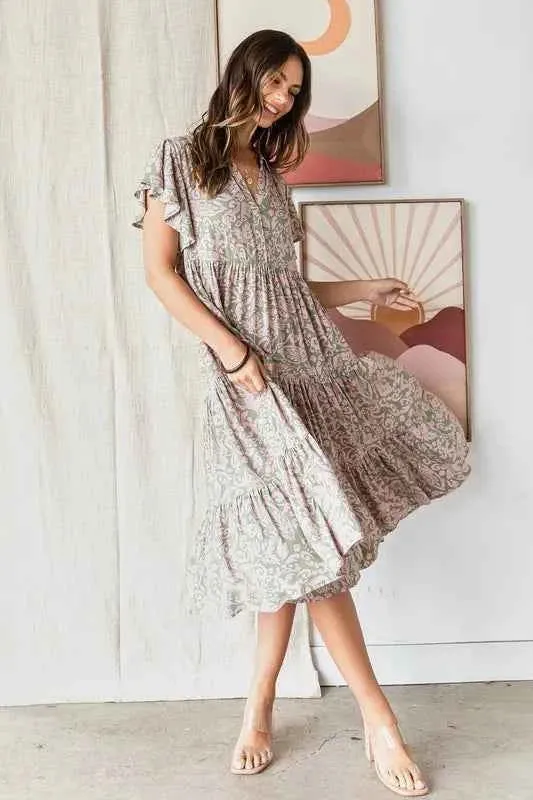 Mittoshop Abstract Print Midi Dress with Ruffle Tier Design
