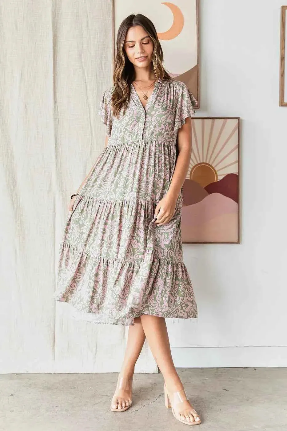 Mittoshop Abstract Print Midi Dress with Ruffle Tier Design