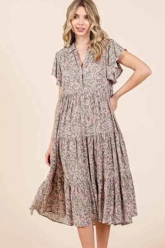 Mittoshop Abstract Print Midi Dress with Ruffle Tier Design