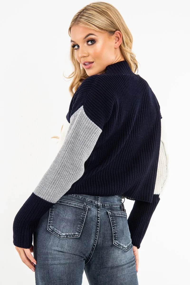 Navy Colour Block Chunky Knit Jumper - Maebel