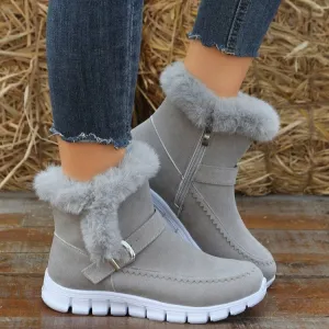 New Snow Boots Winter Warm Thickened Solid Color Plush Ankle Boots With Buckle Design Plus Velvet Flat Shoes For Women