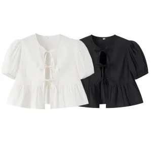 Obsidian Phoenix Women's Chic Lace-Up Blouse - Fashion Solid Hollow Out O-Neck Short Sleeve Casual Streetwear Top