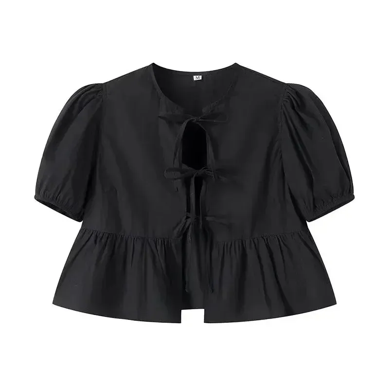Obsidian Phoenix Women's Chic Lace-Up Blouse - Fashion Solid Hollow Out O-Neck Short Sleeve Casual Streetwear Top