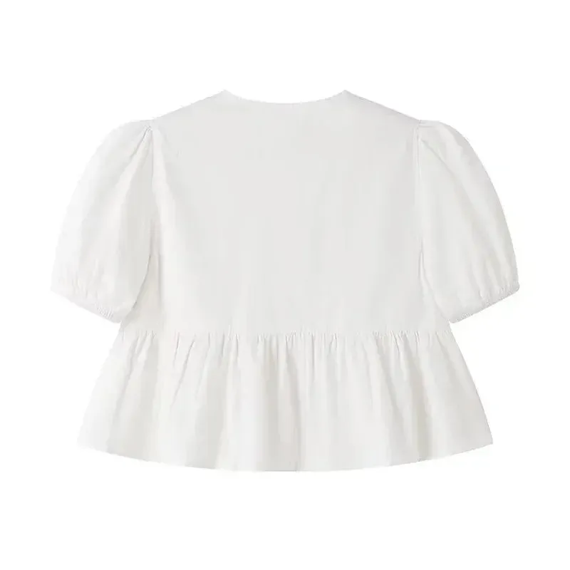 Obsidian Phoenix Women's Chic Lace-Up Blouse - Fashion Solid Hollow Out O-Neck Short Sleeve Casual Streetwear Top