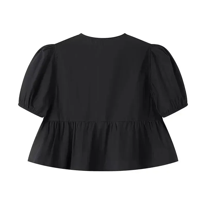 Obsidian Phoenix Women's Chic Lace-Up Blouse - Fashion Solid Hollow Out O-Neck Short Sleeve Casual Streetwear Top