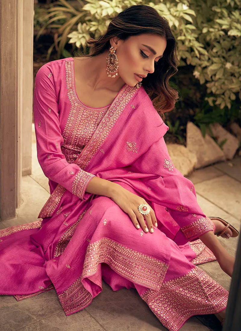 Pink Colour Embroidered Pant Style Suit