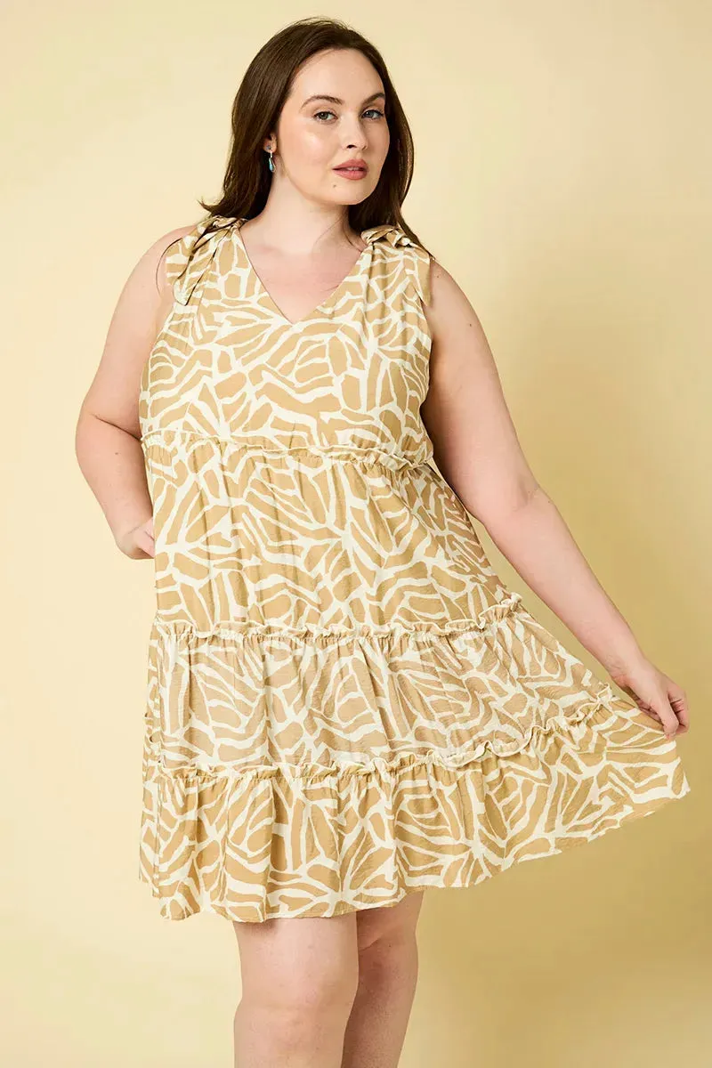 Plus Size Tie Shoulder V Neck Shirring Abstract Dress