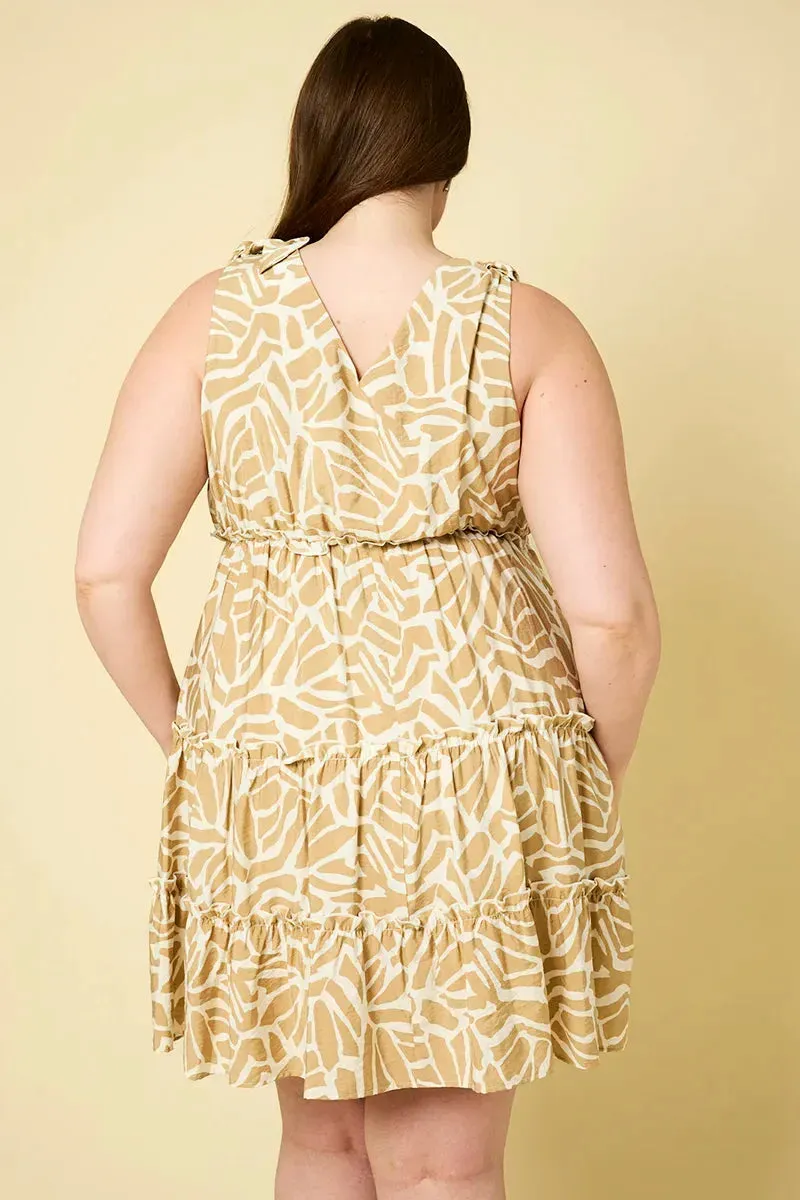 Plus Size Tie Shoulder V Neck Shirring Abstract Dress