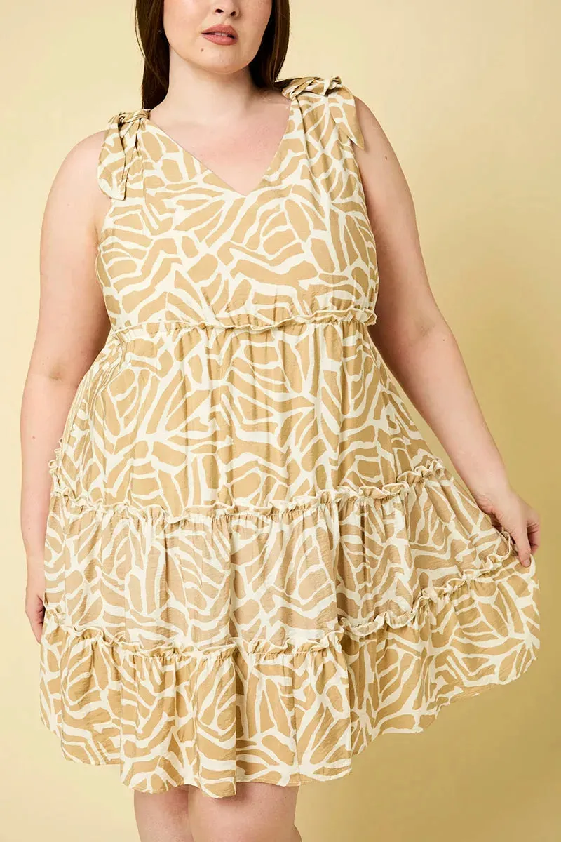 Plus Size Tie Shoulder V Neck Shirring Abstract Dress